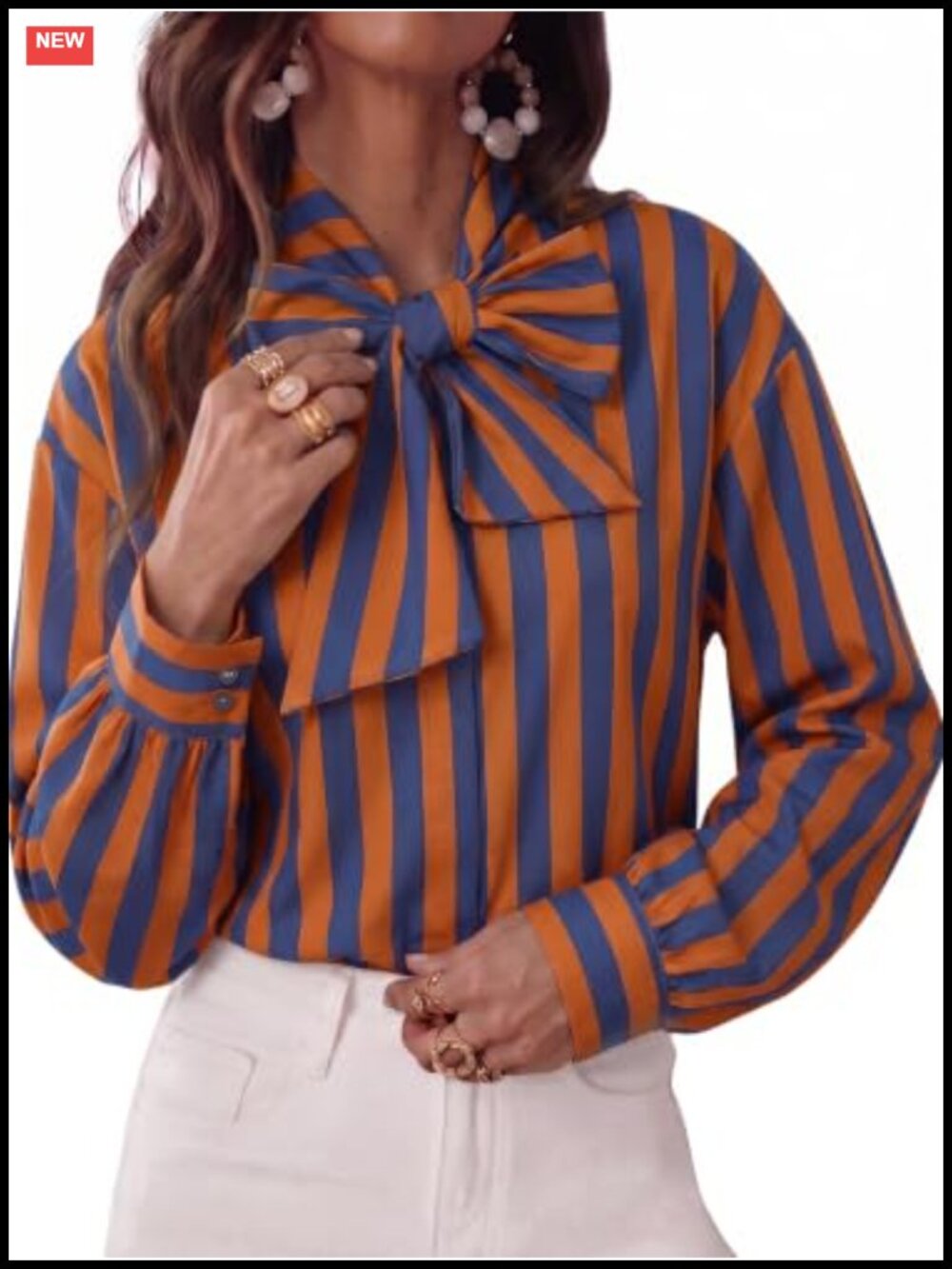 Women's Striped Bow Tie Neck Button Down Shirt Long Sleeve Blouse